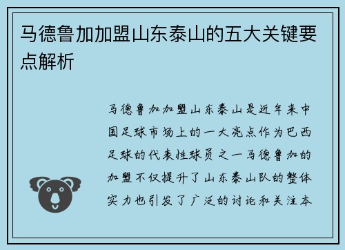 马德鲁加加盟山东泰山的五大关键要点解析
